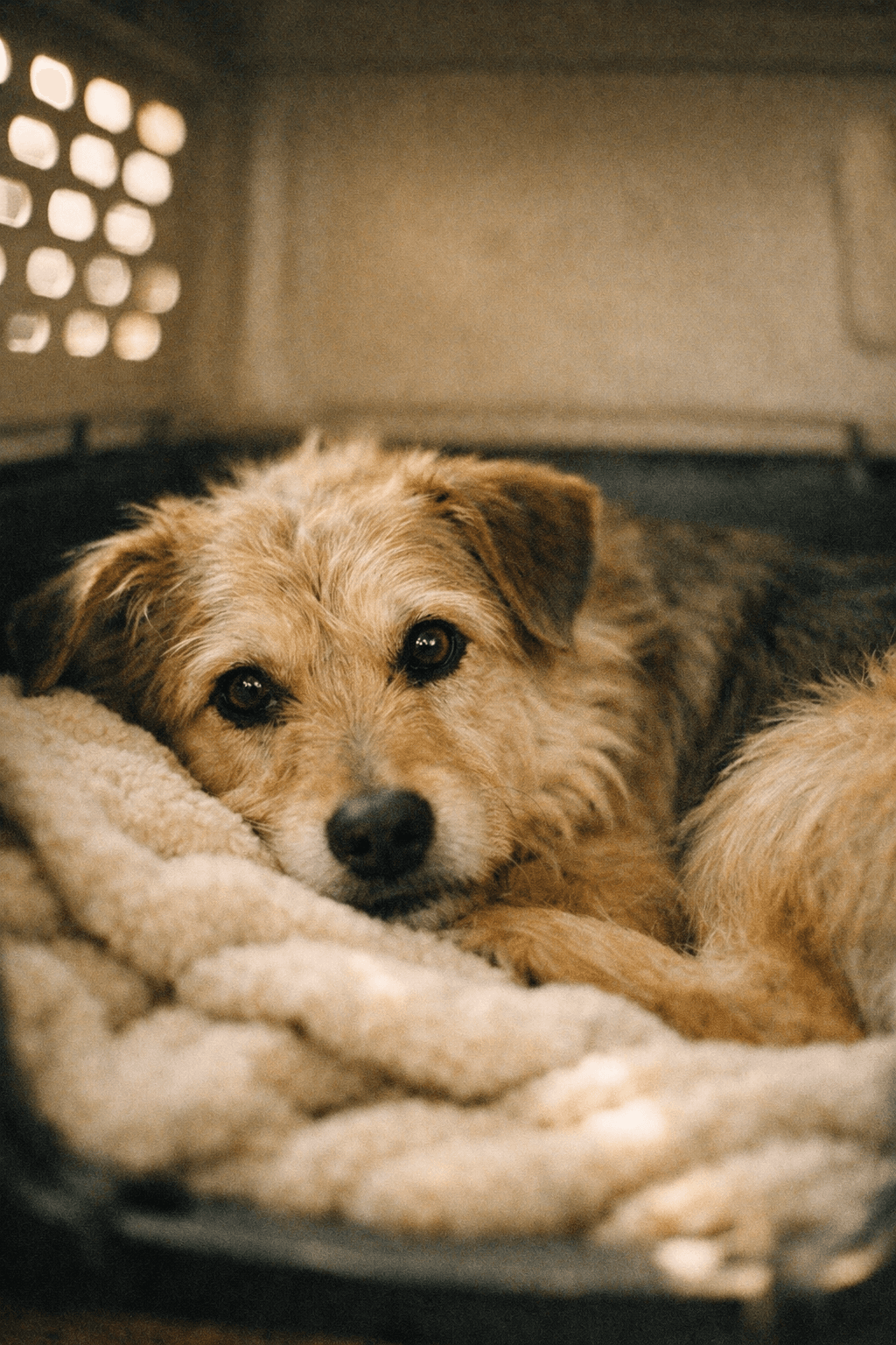 A rescue dog resting calmly inside the transport van — the kind of photo we send you during the journey.